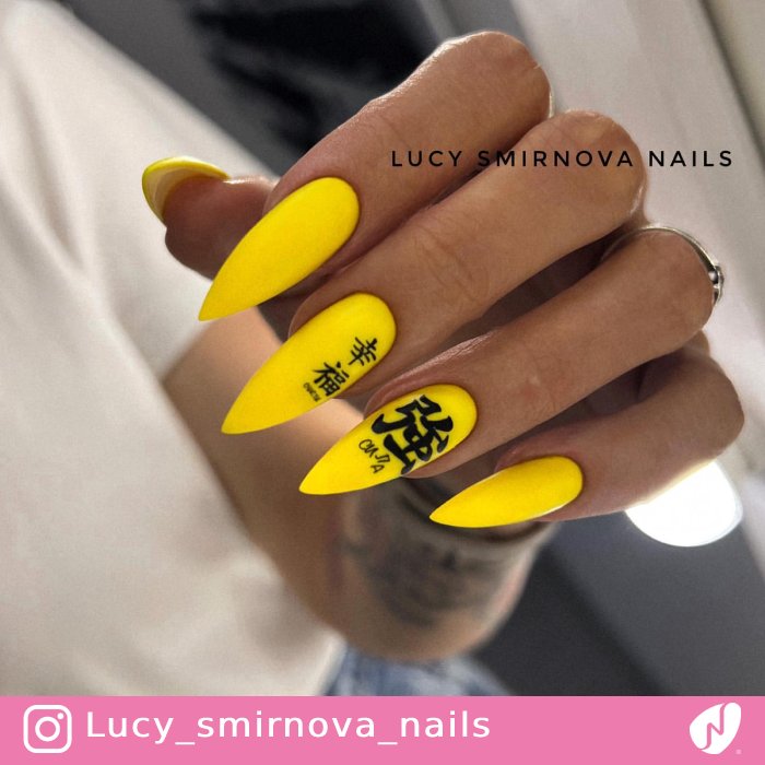 Calligraphy on Yellow Matte Nails